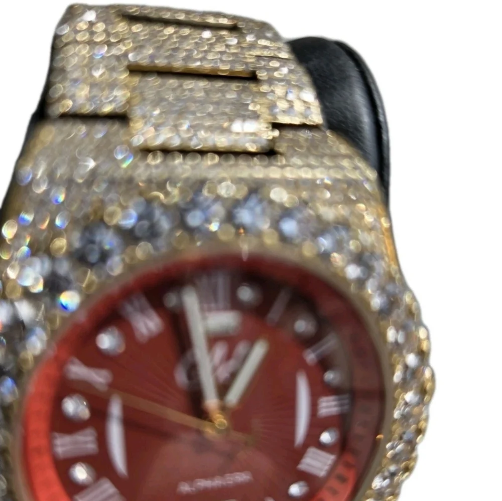 GLD Gold Iced Out 42MM Fully Iced Alpha Era® w/Diamond Prong Link Band /Red Face - Picture 6 of 12